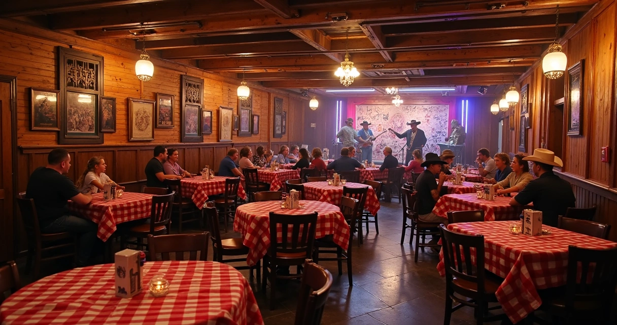 Restaurante estilo faroeste com decoração de madeira, palco e clientes vestidos como cowboys 