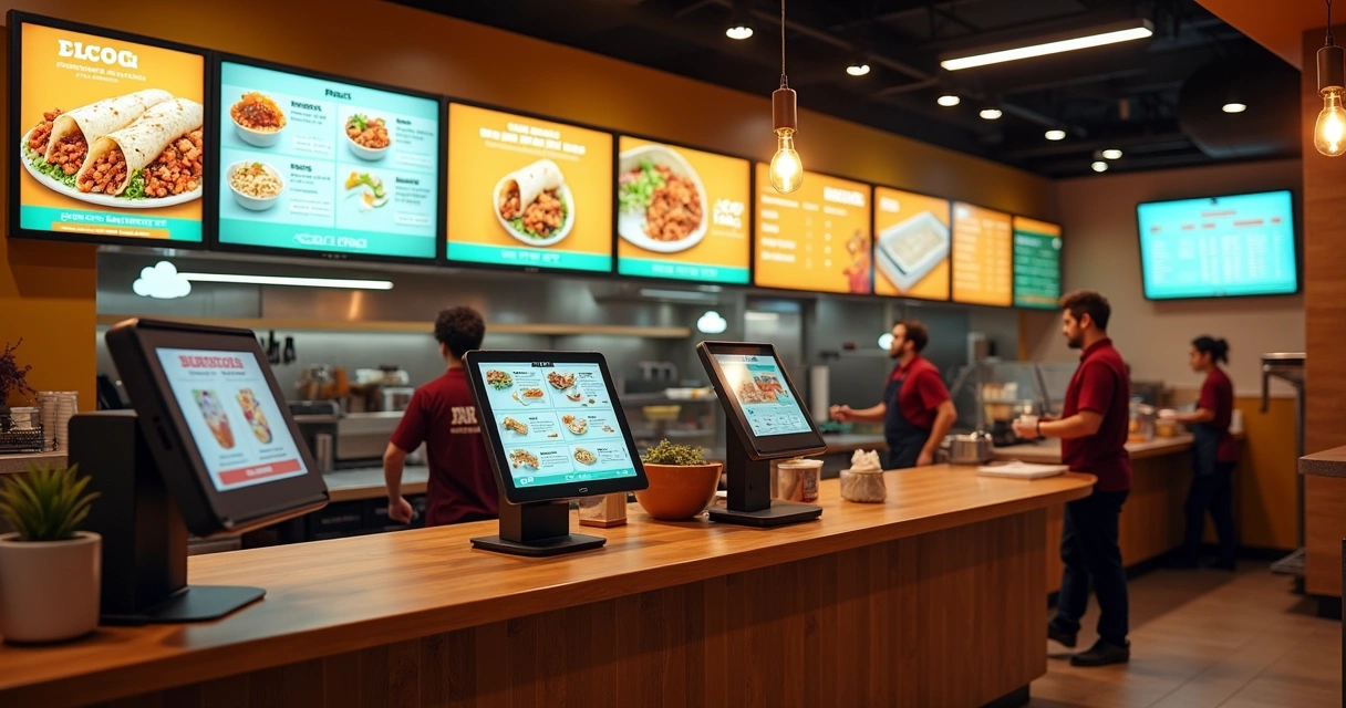 Balcão de fast-food com telas digitais integradas a ícones de nuvem 