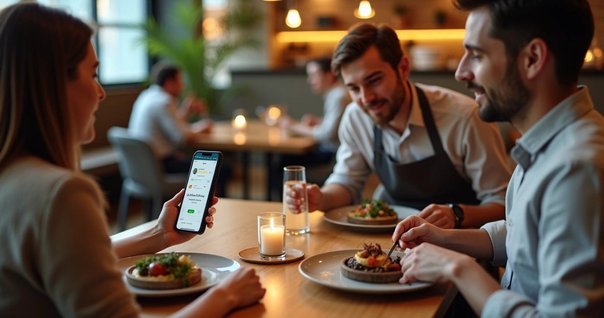 Garçom acompanha comentário de cliente em celular dentro do restaurante 