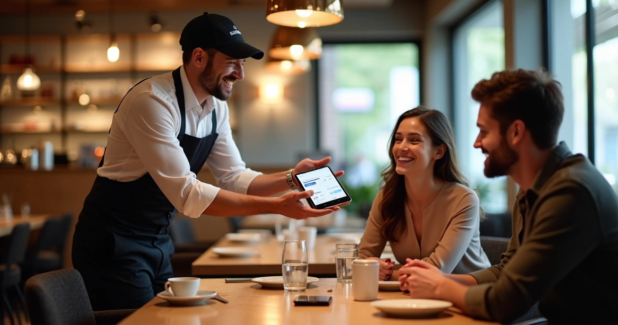 Garçom entregando cartão fidelidade digital a casal em restaurante 