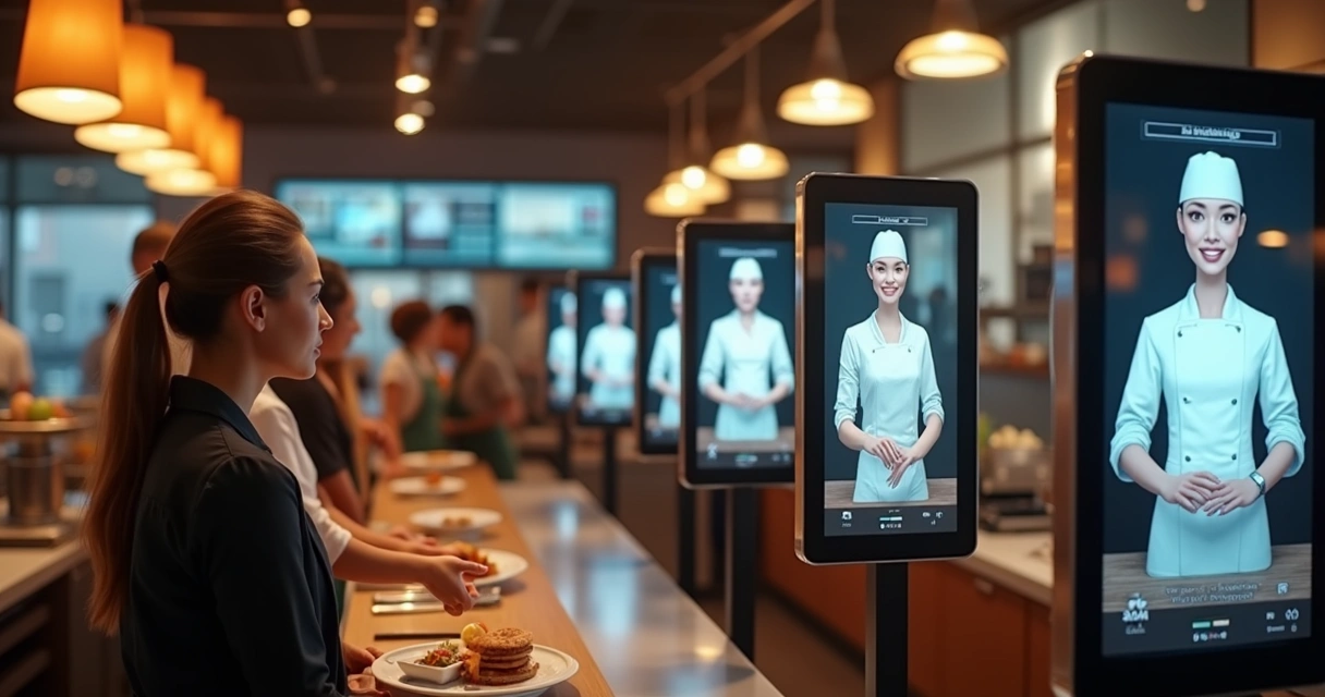 Fila digital de atendimento em restaurante, pessoas olhando telas 