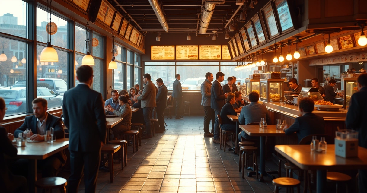 Clientes em fila organizada em um restaurante americano. 