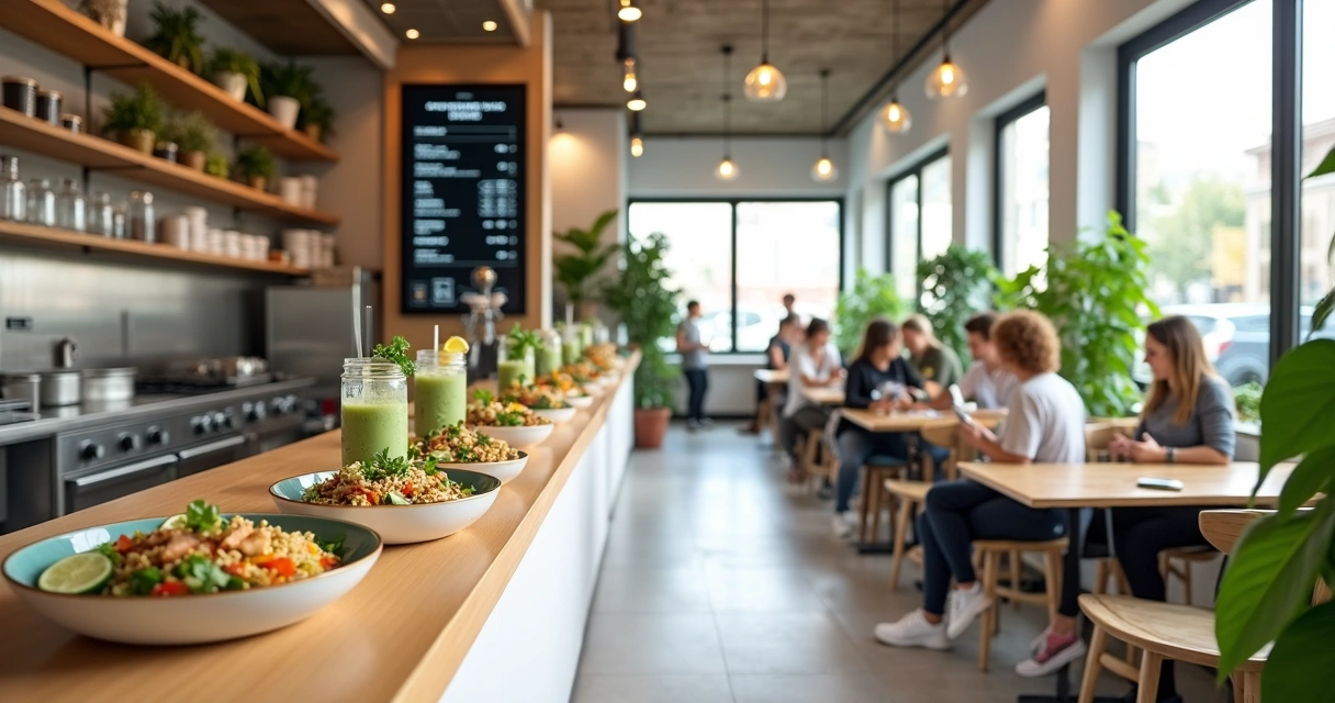 Restaurante fitness moderno com cardápio digital e pratos saudáveis sobre o balcão 