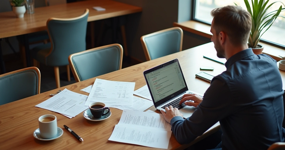 Pessoa lançando despesas do restaurante em planilhas na mesa 