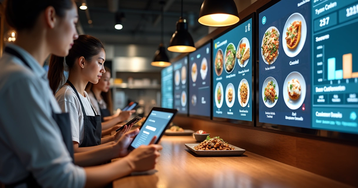 Equipe em restaurante moderno usando tablets e painel digital