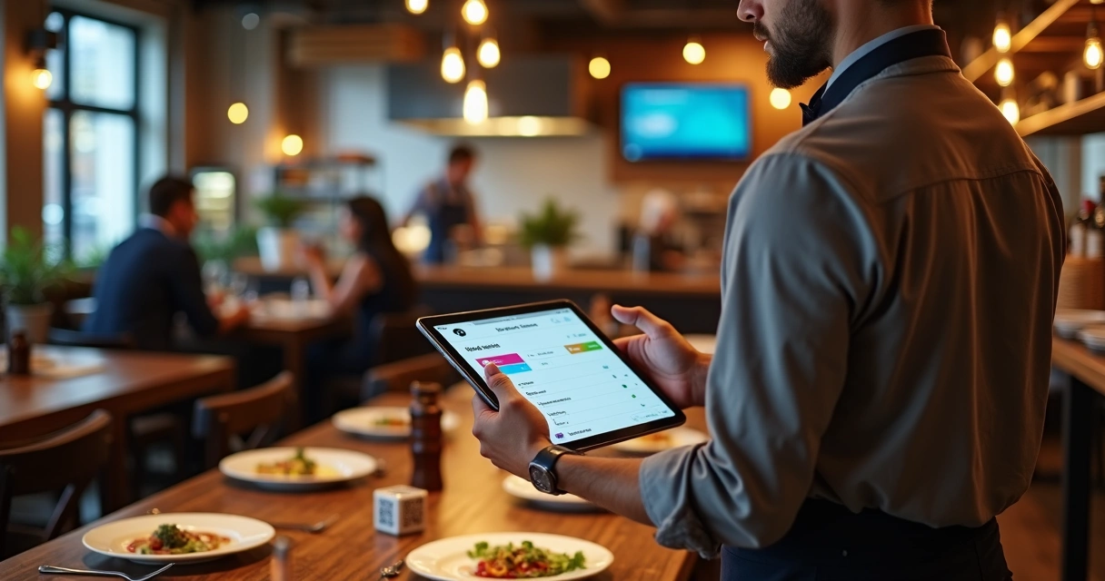 Garçom usando tablet para gerenciar pedidos em restaurante movimentado 