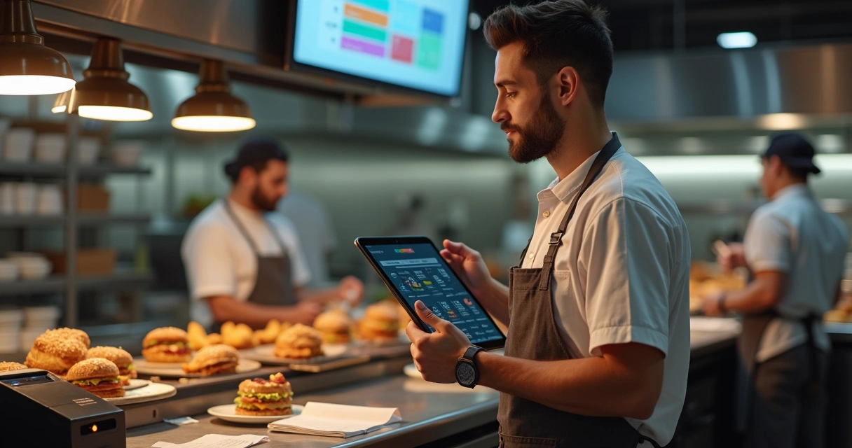 Garçom usando gestor de pedidos iFood em tablet com cozinha ao fundo 