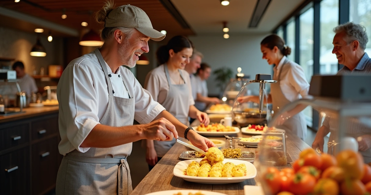 Buffet de café da manhã de hotel com itens personalizados e chef ao fundo 