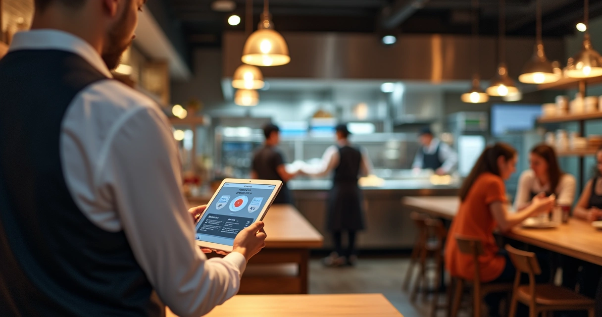 Restaurante moderno com integração de delivery, garçom usando tablet e cozinha ao fundo com equipe preparando pedidos 