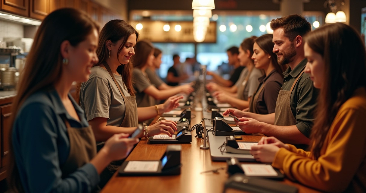 Restaurante movimentado com caixas usando PinPad e clientes pagando com cartão 