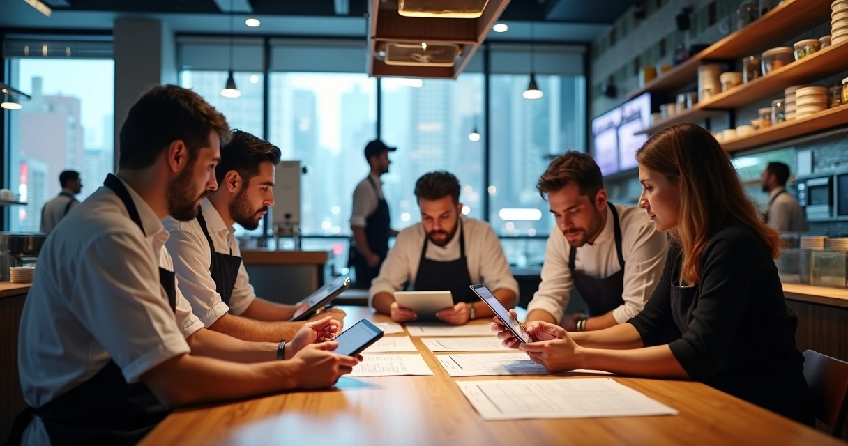 Equipe de restaurante debatendo uso de tecnologias e inteligência artificial 