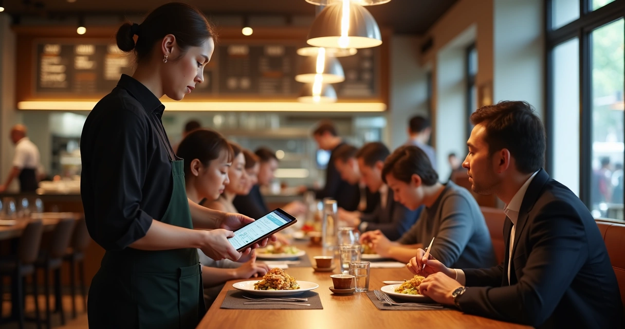Garçom usando tablet com sistema de pedidos digital ao lado de mesa em restaurante