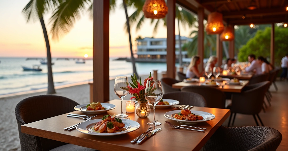 Mesa posta em restaurante à beira-mar em Jurerê Internacional ao entardecer 