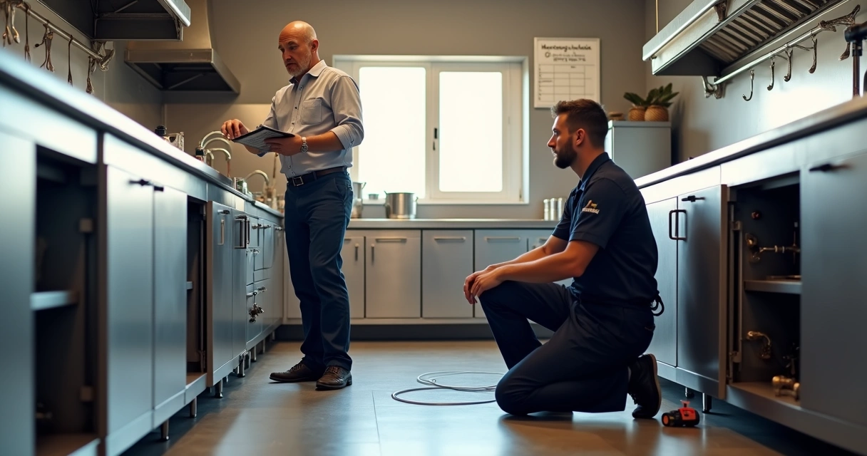 Gestor de restaurante conversa com técnico de canalização na cozinha junto a canos e pia 