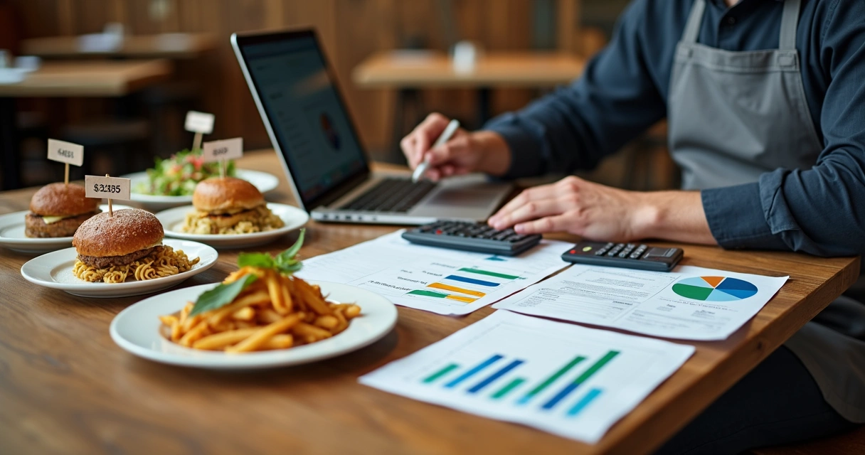 Dono de restaurante analisando custo e lucro de pratos no laptop em mesa com alimentos 