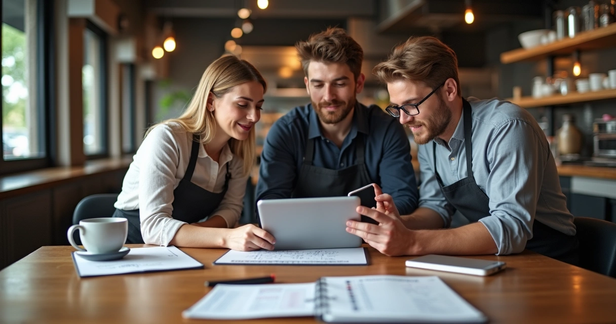 Equipe de restaurante usando um tablet para planejar posts nas redes sociais 
