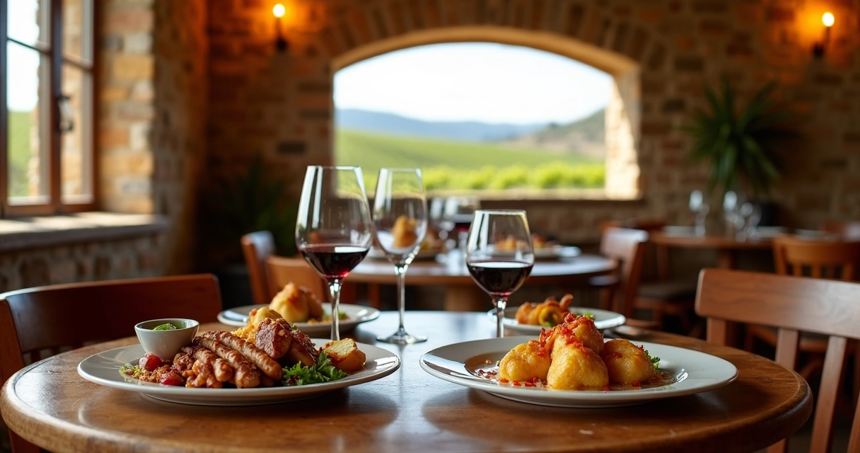 Mesa em restaurante de Mendoza com pratos regionais e taças de vinho 