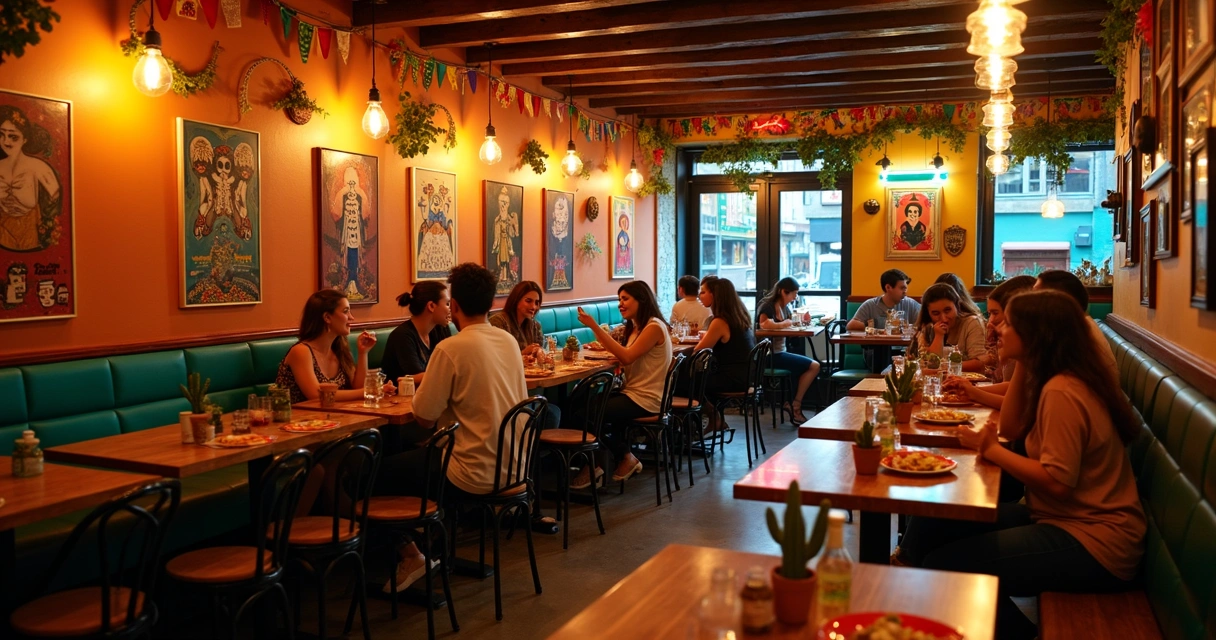 Salão de restaurante mexicano autêntico com decoração colorida e clientes jovens 