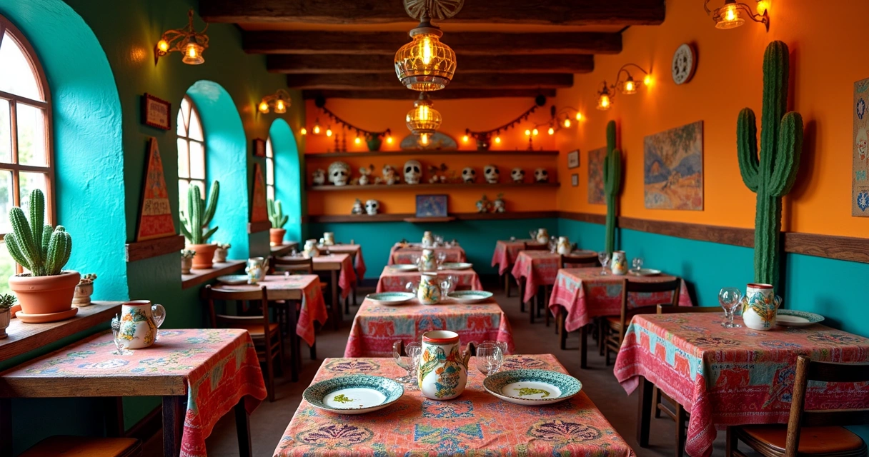 Decoração de restaurante mexicano com cores quentes, cerâmicas e cactos