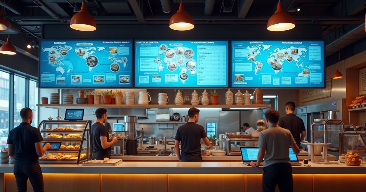 Ambiente interno de restaurante fast-food moderno, com telas e painéis digitais integrados e atendentes utilizando tablets 