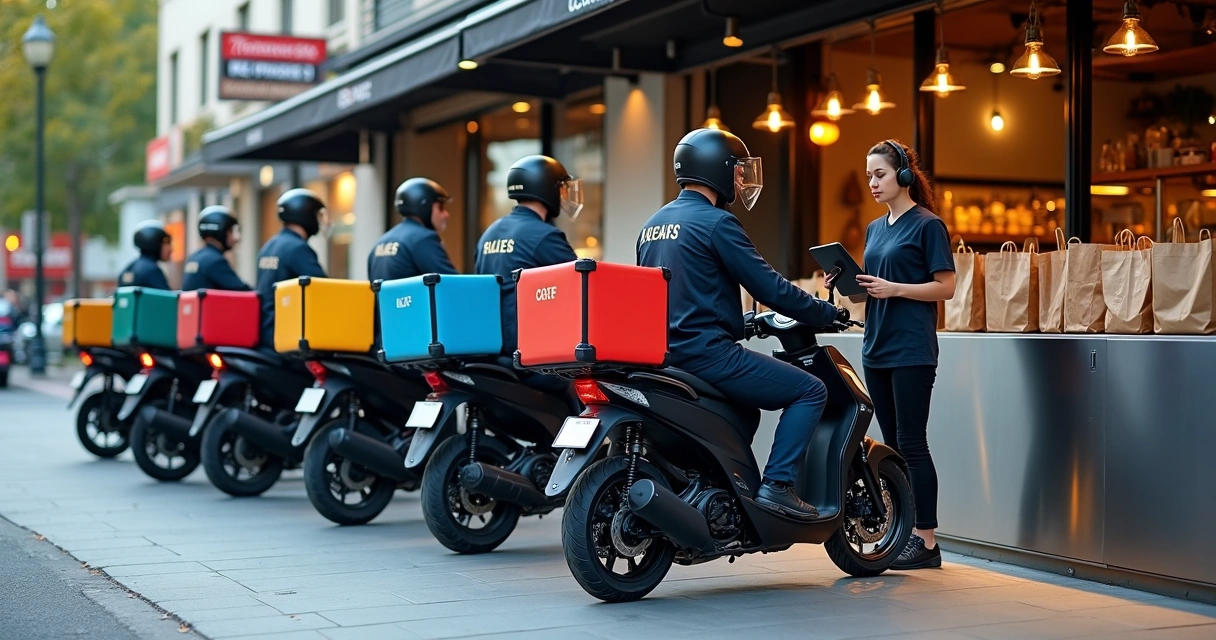 Pátio de restaurante com vários motoboys alinhados esperando pedidos 