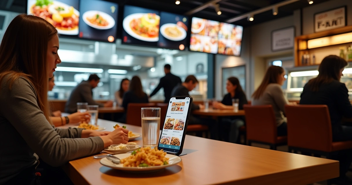 Restaurante com movimento e banners de anúncio online ao fundo. 