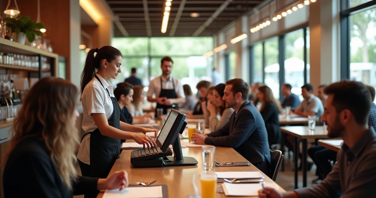 Restaurante movimentado com clientes e equipe 