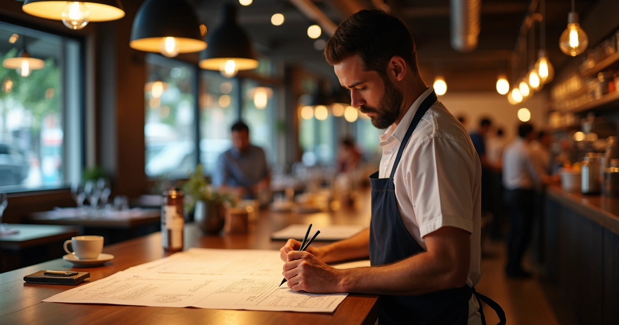 Gerente de restaurante analisando planilhas na cozinha 