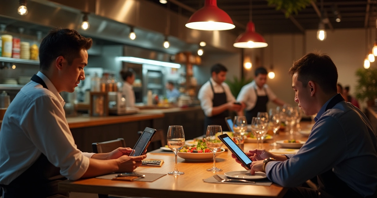 Equipe de restaurante usando uma plataforma digital centralizada no balcão 