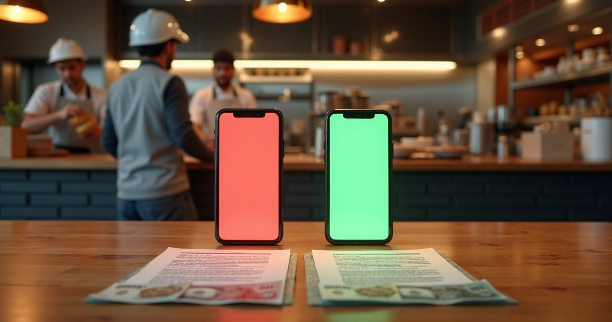Balcão de restaurante com motorista de aplicativo escolhendo entre duas plataformas de delivery 