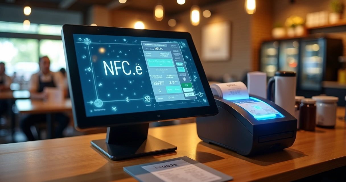 Caixa de restaurante emitindo NFC-e em tela com símbolos fiscais de 2026 