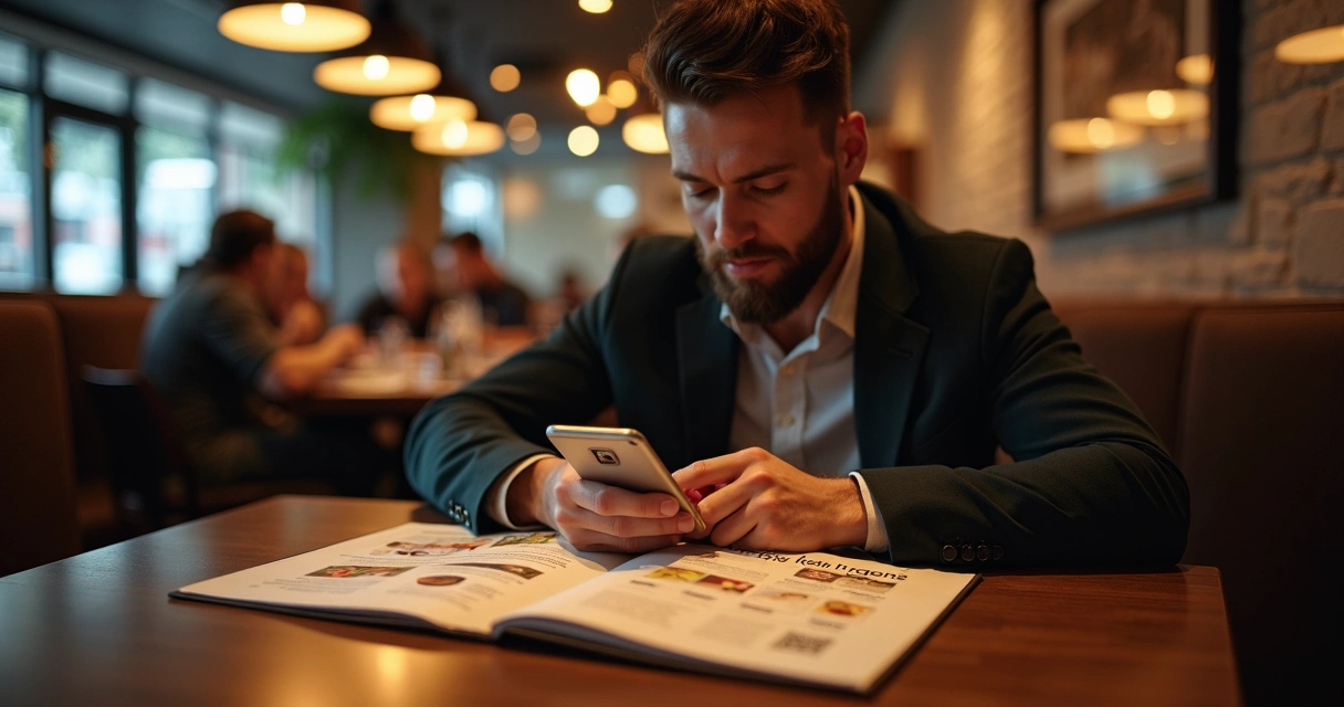 Cliente em restaurante digitalizando QR code de canal do WhatsApp no cardápio 