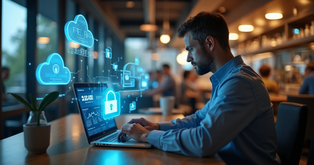 Gerente acessando dados de restaurante em nuvem pelo notebook 