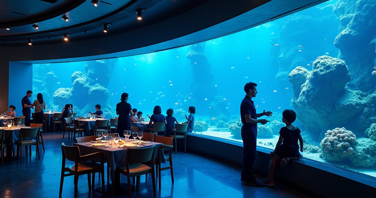 Sala temática subaquática com mesas próximas a aquário gigante e luz azul 