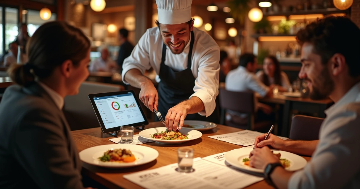 Chef ajustando prato para cliente em restaurante 
