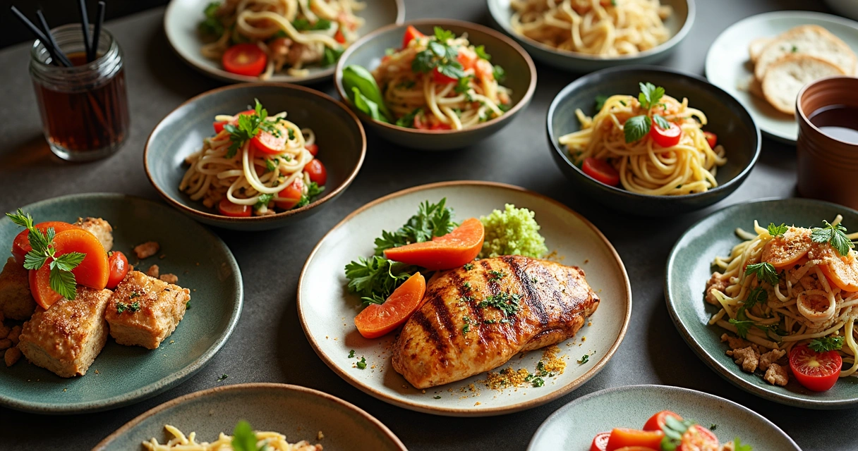 Mesa de restaurante com pratos saudáveis ricos em proteínas e opções vegetarianas 