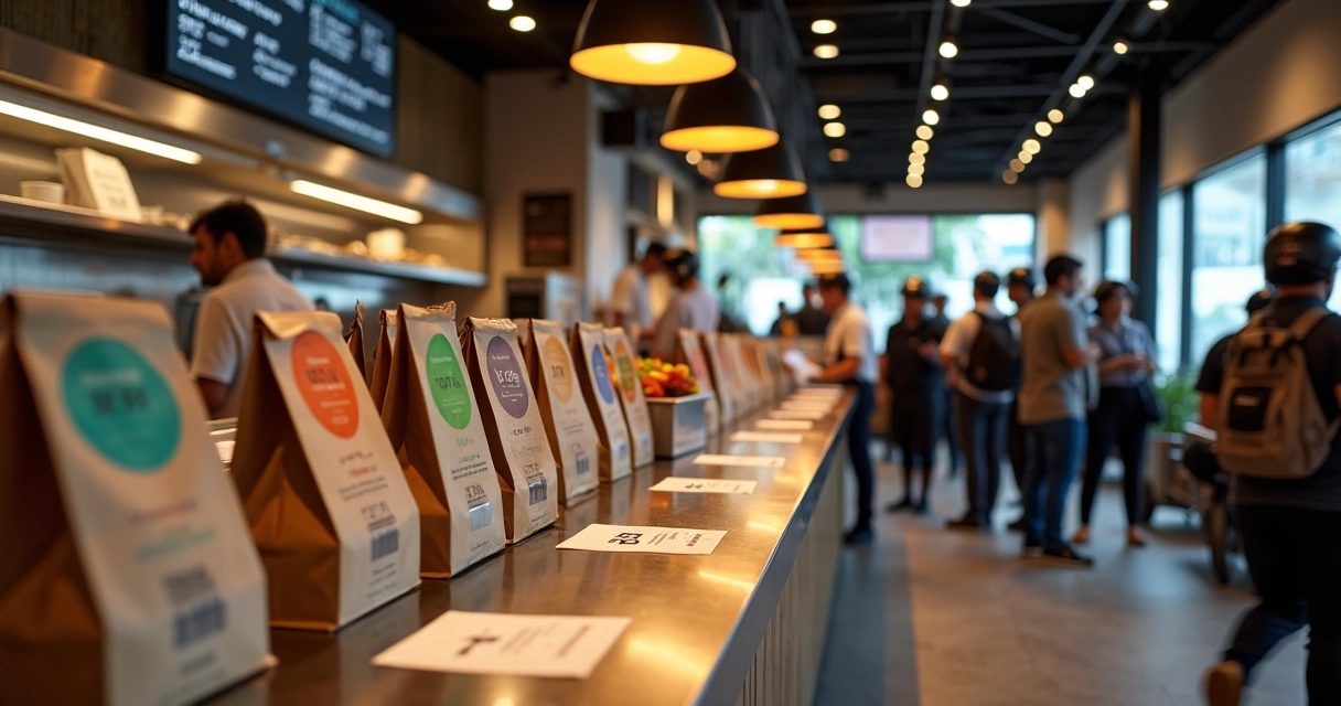 Balcão de restaurante com fila de clientes e pedidos organizados em telas e etiquetas 