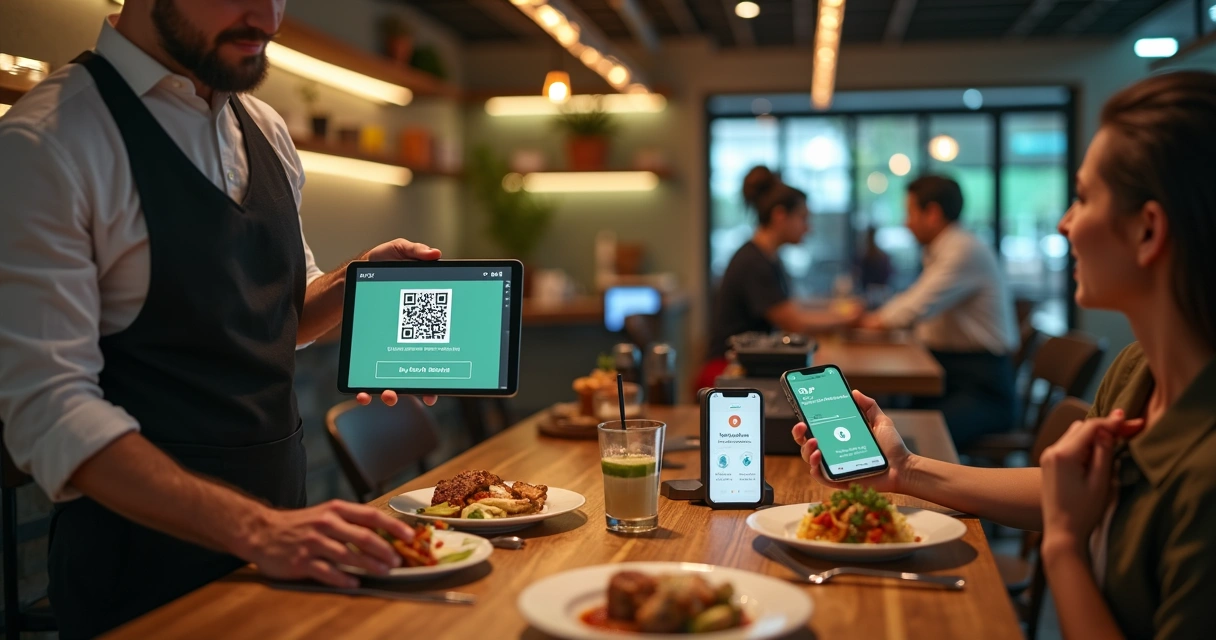 Cliente pagando conta com Pix automatizado em restaurante moderno 