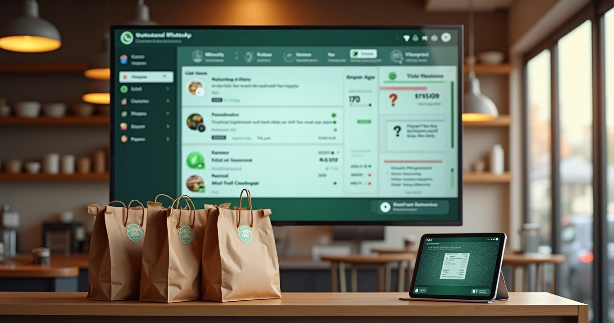 Balcão de restaurante com painel digital exibindo pedidos automatizados do WhatsApp 
