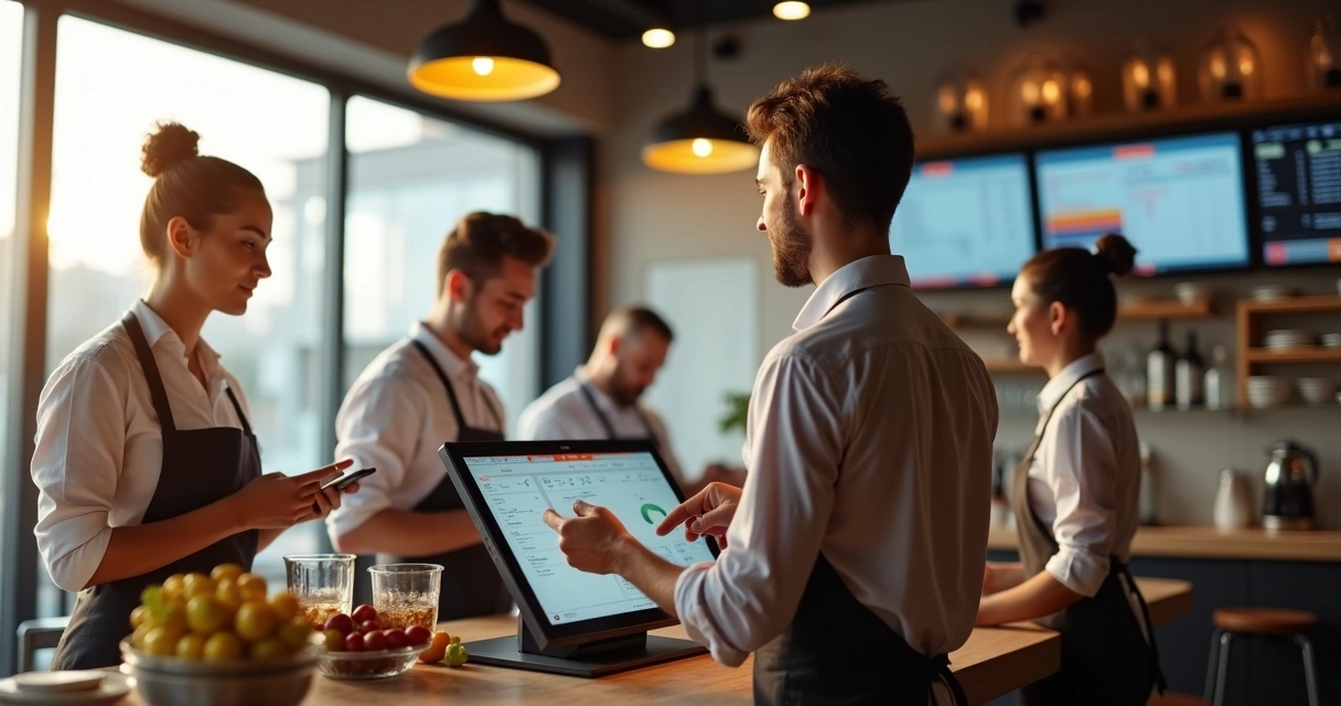 Operador de caixa em restaurante usando sistema PDV touchscreen
