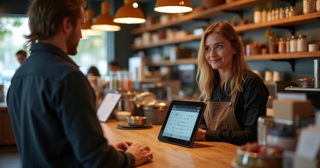 Atendente digitando em tablet com sistema de PDV, cliente à frente, ambiente casual de restaurante