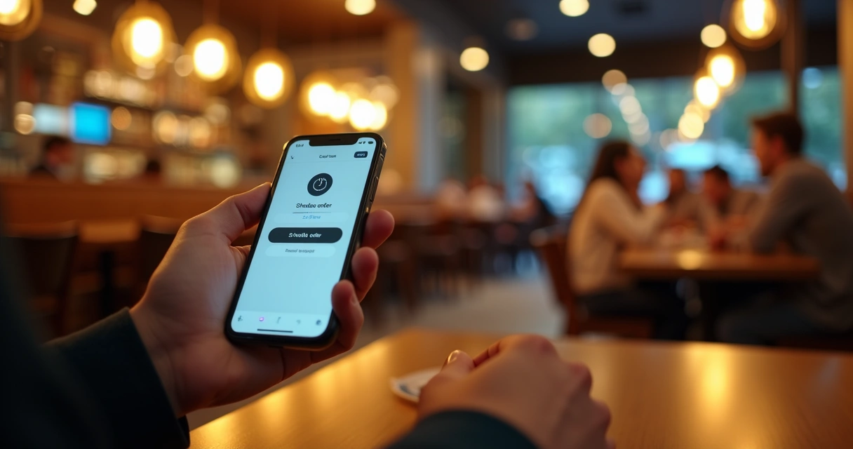 Cliente fazendo pedido agendado via celular em restaurante moderno à noite 