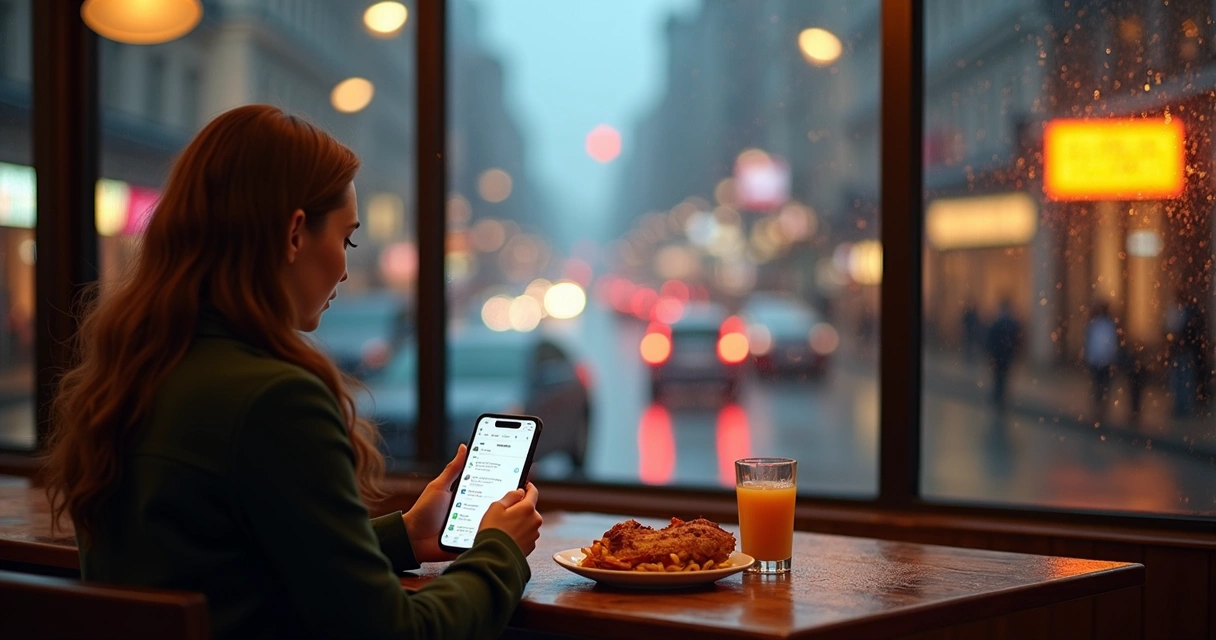 Cliente fazendo pedido digital em restaurante durante dia chuvoso, mesa com suco e prato apetitoso 