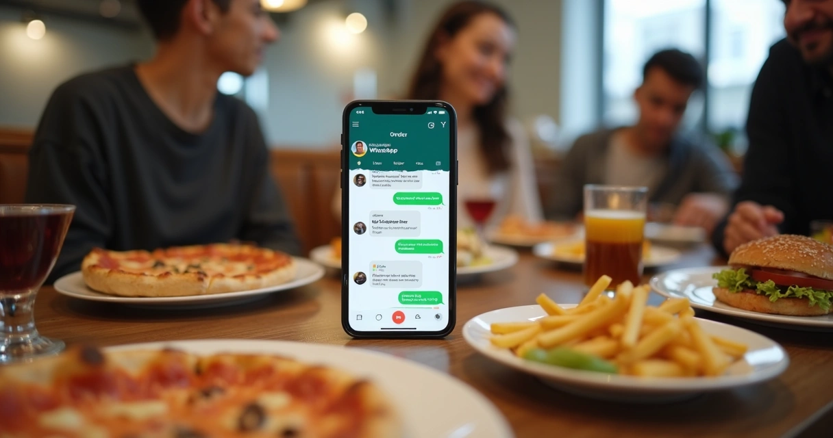 Mesa de restaurante com celular exibindo conversa no WhatsApp e pedido digital na tela 