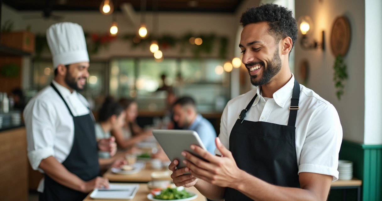 Garçom com tablet mostra pedido recebido via WhatsApp a chef na cozinha. 
