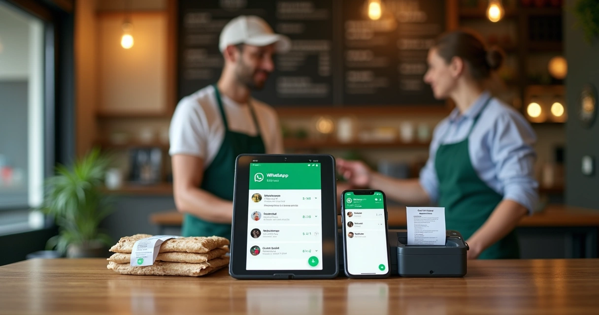 Dono de restaurante conferindo pedido de delivery pelo WhatsApp em tablet no balcão 