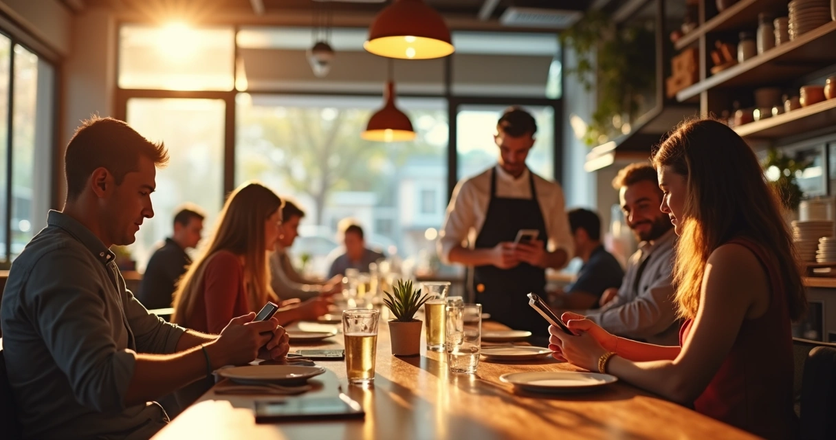 Garçom conferindo pedidos em tela digital ao lado de clientes em mesa 