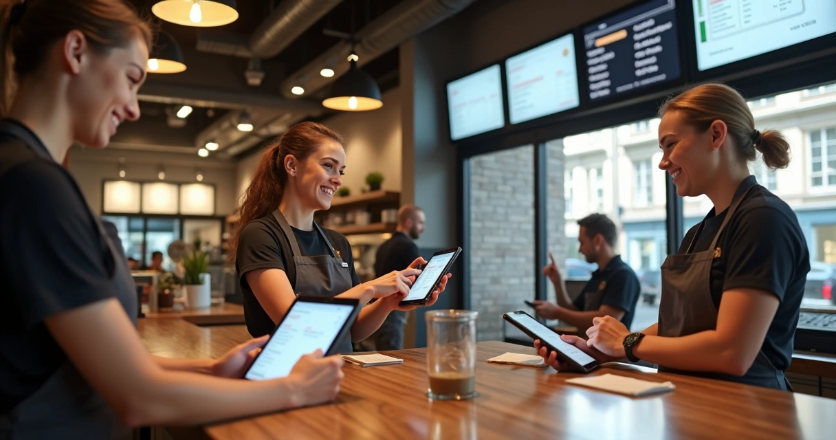 Equipe de restaurante gerenciando pedidos digitais em tablets 