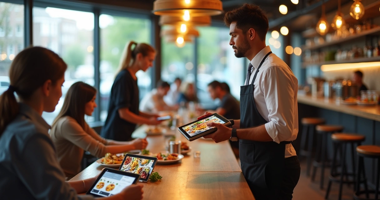 Garçom entregando comida enquanto clientes fazem pedidos digitais na mesa 