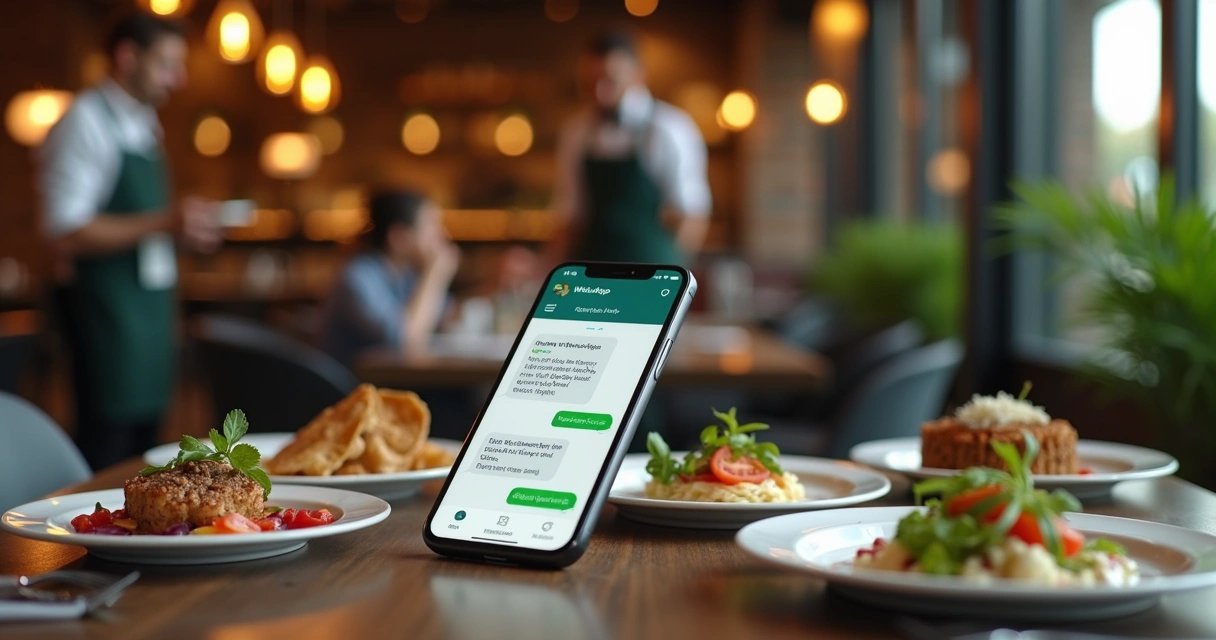 Celular exibindo conversa de pedidos automáticos via WhatsApp em restaurante moderno com cardápio digital na tela e pratos sofisticados na mesa